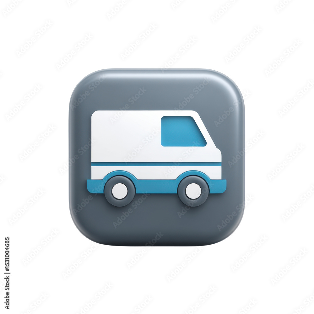 Poster delivery van icon design on modern square button with shadow effect in a minimalistic style for web 