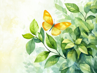 Colorful butterfly resting on green leaves in a serene natural setting