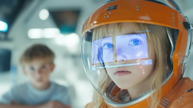 Child astronaut with orange spacesuit and digital visor exploring future technology