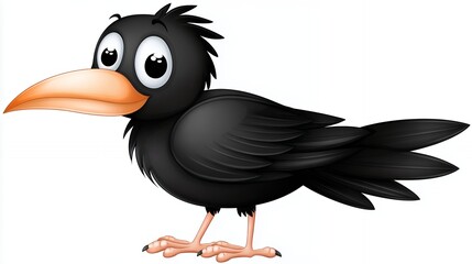 Cute Black Cartoon Crow Illustration on White Background