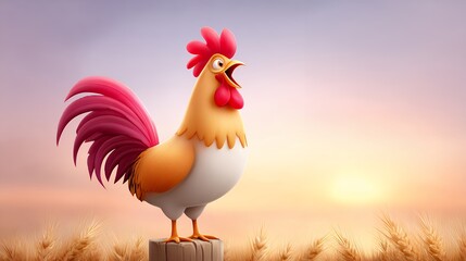 Cheerful Rooster at Sunrise in a Wheat Field