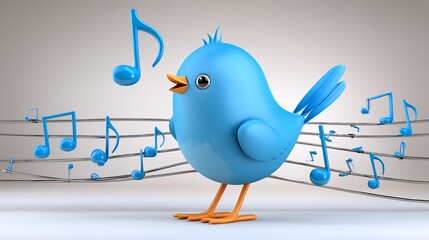 Cute Blue Bird Singing with Music Notes on White Background