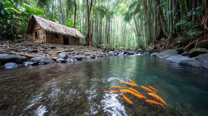 Orange Fish Swim in a Clear Rainforest River Near a Rustic Hut