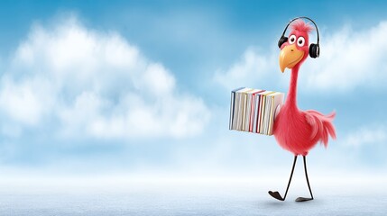 Pink Flamingo Cartoon Character Carrying Package Against Blue Sky