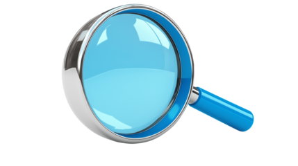 3D magnifying glass icon in bright blue, search engine and discoverability concept, transparent PNG