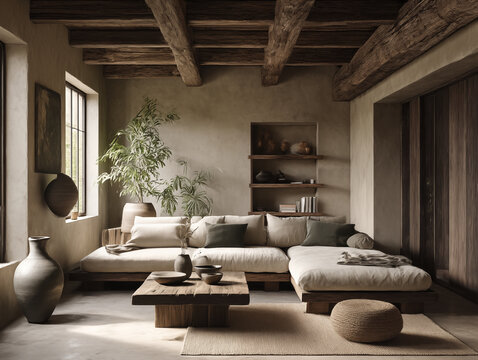 open concept Japandi loft with exposed wood beams, natural fiber rug, earth-toned fabrics, modern and rustic fusion
