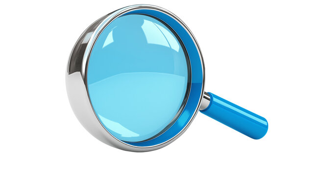 3D magnifying glass icon in bright blue, search engine and discoverability concept, transparent PNG