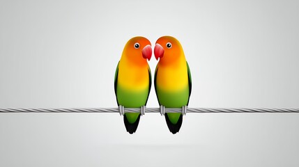 Two Colorful Lovebirds Perched on a Wire Against a Light Gray Background