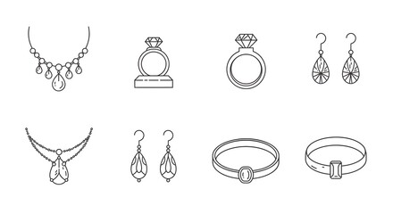 Elegant jewelry and accessory line art icon set. Minimalist vector designs of rings, necklaces, and earrings for graphic design.
