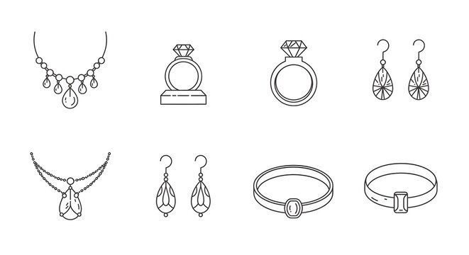 Elegant jewelry and accessory line art icon set. Minimalist vector designs of rings, necklaces, and earrings for graphic design.