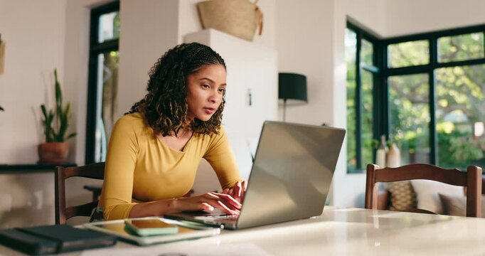 Remote work, laptop and woman in home typing for online article, writing proposal and web research. Creative, freelancer and person on computer for copywriting, editing report and project in house