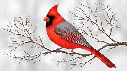 Vibrant Red Northern Cardinal Perched on Snow Covered Branch