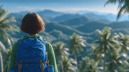 A traveler is shown exploring a rainforest ecosystem that is both sustainable and rich in biodiversity, highlighting sustainable travel
