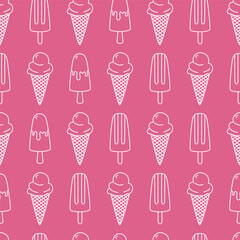 Seamless pattern with hand drawn outline ice cream on pink background. Doodle drawing for print, invitation, poster, menu design.