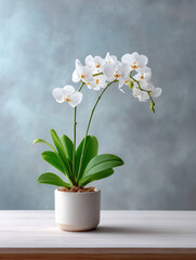 Elegant white orchids in a minimalist pot on a wooden table