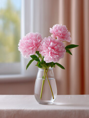 Elegant pink peonies in a clear vase on a soft table