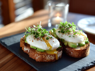 Delicious avocado toast topped with poached eggs and microgreens