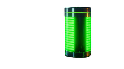 Battery icon 3D in vibrant green, full charge level, digital tech concept, PNG 