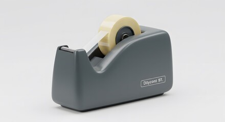 Gray tape dispenser with beige tape roll, office supply.