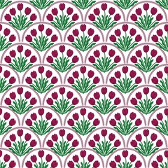 Seamless pattern tulip flower surrounded by scallop pattern chain. Elegant and feminine flower pattern for art decoration, wallpaper, textile, wrapping paper
