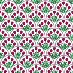 Fotobehang Tropische Bladeren Seamless pattern tulip flower surrounded by scallop pattern chain. Elegant and feminine flower pattern for art decoration, wallpaper, textile, wrapping paper  © Lilik