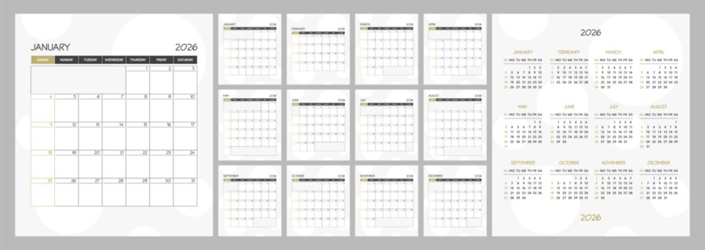 Monthly calendar square planner schedule for 2026 year. Week Starts on Sunday