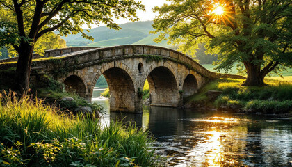 Sunlit historic stone bridge spans a tranquil river amid lush greenery.









