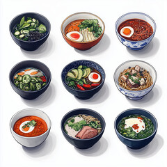 Various bowls of ramen and noodle dishes