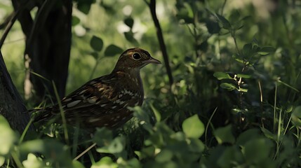 Obraz premium Observing Small Brown Bird Perched Amongst Green Foliage in Forest Setting