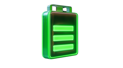 Battery icon 3D in vibrant green, full charge level, digital tech concept, PNG 