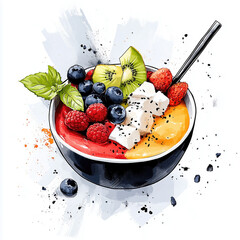 Colorful smoothie bowl topped with fresh fruits and mint leaves