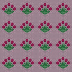 repeating pattern of red tulips with green leaves and pink radial pattern circles. Patterns for decorative arts, crafts, wallpaper, paper, covers, and textiles