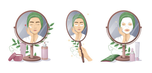 Set of Muslim woman doing skincare spa routine and reflecting in the mirror