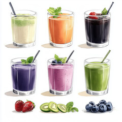 Colorful smoothie selection with fresh fruits and mint leaves