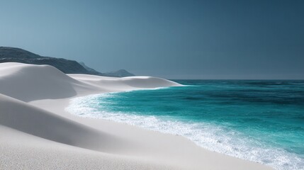 Fototapeta premium Seashore Serenity: Panoramic vista of pristine white sand dunes gently sloping into the turquoise embrace of the ocean under a cloudless sky. This tranquil scene exudes peace.