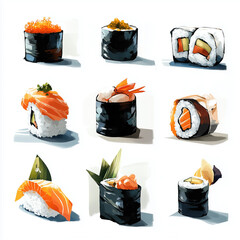 Colorful sushi assortment displayed on a white background