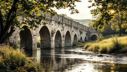 Sunlit historic stone bridge spans a tranquil river amid lush greenery.









