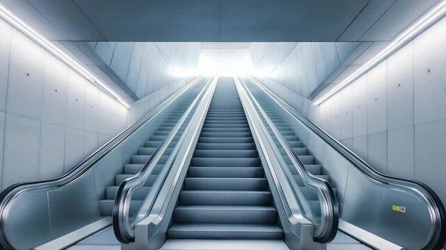 An escalator ascends in a contemporary subway station featuring polished surfaces and bright overhead lights