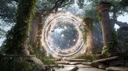 Mystical Portal: A radiant portal shimmers amidst ancient columns and lush foliage, inviting exploration into a realm of magic and mystery, set within an enchanting forest. 