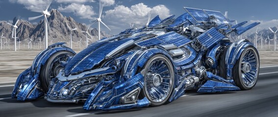 Fototapeta premium This image depicts the future of sustainable transportation, where wind energy from a windmill powers electric cars, symbolizing alternative and renewable energy for a greener tomorrow
