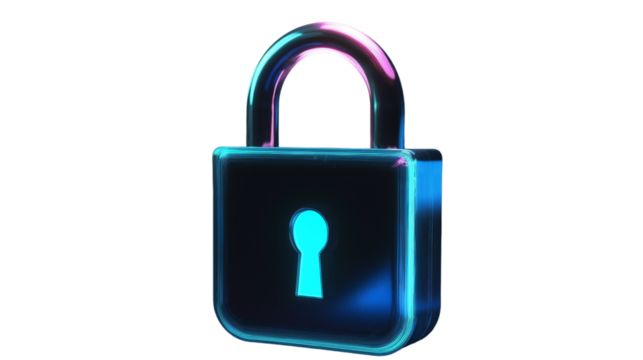 3D lock icon with glowing edges, symbolizing security and privacy, transparent PNG