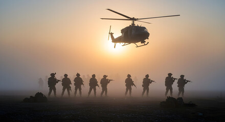 At dawn, a helicopter lands in mist as soldiers stand ready in dense fog.