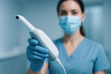 Hygienist demonstrating IoT scanner wand in modern dental office setting