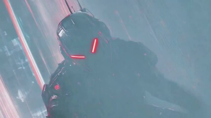 Robotic warrior standing in virtual reality environment, glowing red visor illuminating surrounding vertical neon light trails representing advanced futuristic technological concept - Powered by Adobe