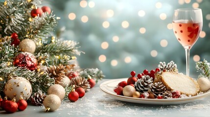 A cozy and elegant holiday scene featuring a table decorated with a variety of handmade ornaments pinecones berries and other festive trinkets