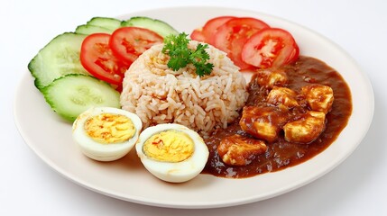 Close-up of egg rice with dark sauce, tomato, cucumber slices, and egg currants on white background. Sports health food theme, professional photography style.