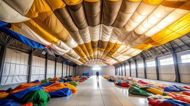 Indoor view of an oversized hangar filled with colorful parachute canopies and a solitary figure silhouetted in the distance
