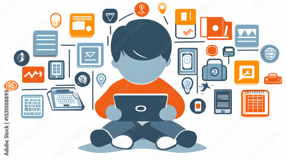 Poster child using tablet surrounded by colorful technology icons representing internet connectivity, commu