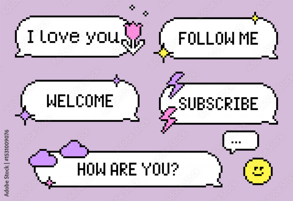 Aufkleber set of retro speech bubble messages, icons in pixel art style. 8bit emoji. y2k pixel dialogue box wi