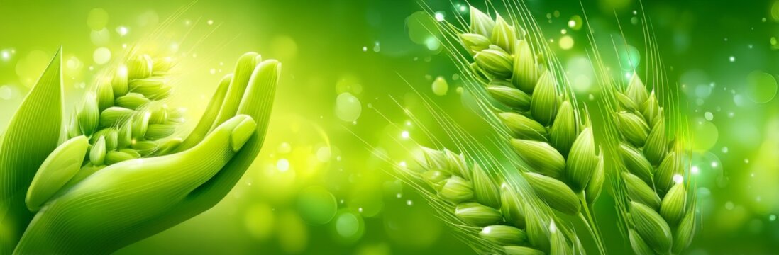 A hand belonging to a Caucasian individual is pictured holding green wheat in a field, highlighting the significance of sustainable agriculture and environmental awareness on Earth Day